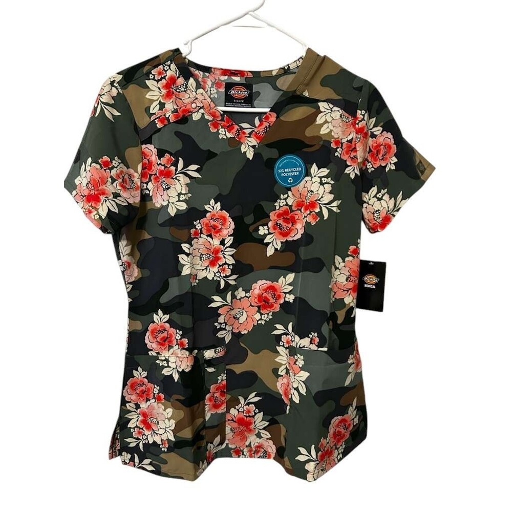 New Dickies Camo V-neck Scrub Top Women Small Printed Colorful